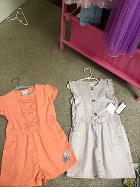 Little Lass Coral Bow Romper and Lavender Ruffle Dress Set